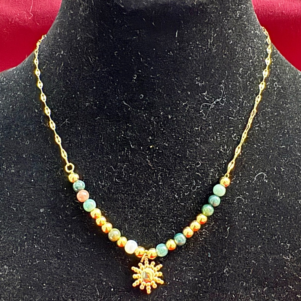 Versatile Sunburst 18k with stone bead necklace. Waterproof! Tarnish proof!